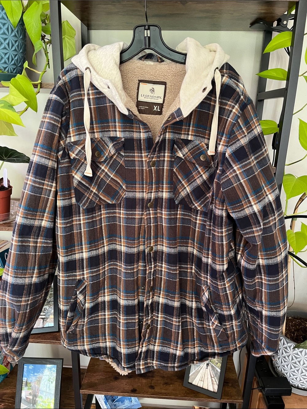 Legendary Whitetails Brown and Navy Plaid Sherpa Hoodie Jacket